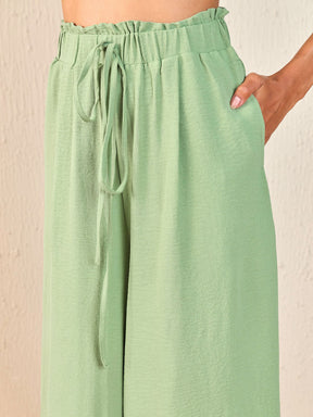 Green Front Button Top With Paperback Waist Pants-SASSAFRAS