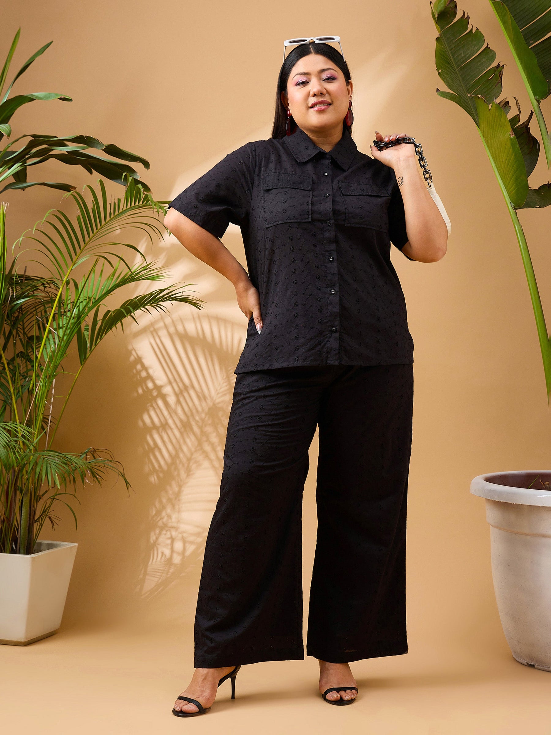 Black Schiffli Front Button Shirt With Pants-SASSAFRAS Curve