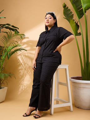 Black Schiffli Front Button Shirt With Pants-SASSAFRAS Curve