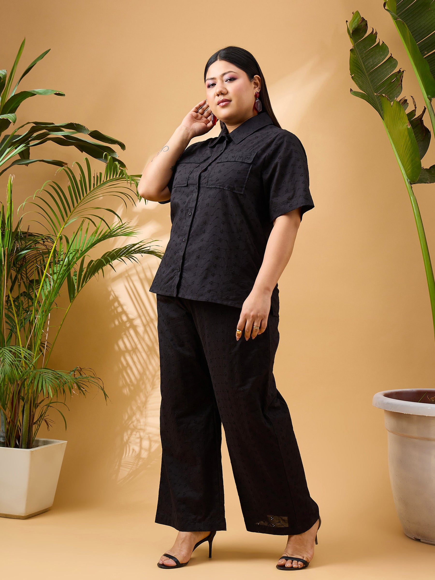 Black Schiffli Front Button Shirt With Pants-SASSAFRAS Curve