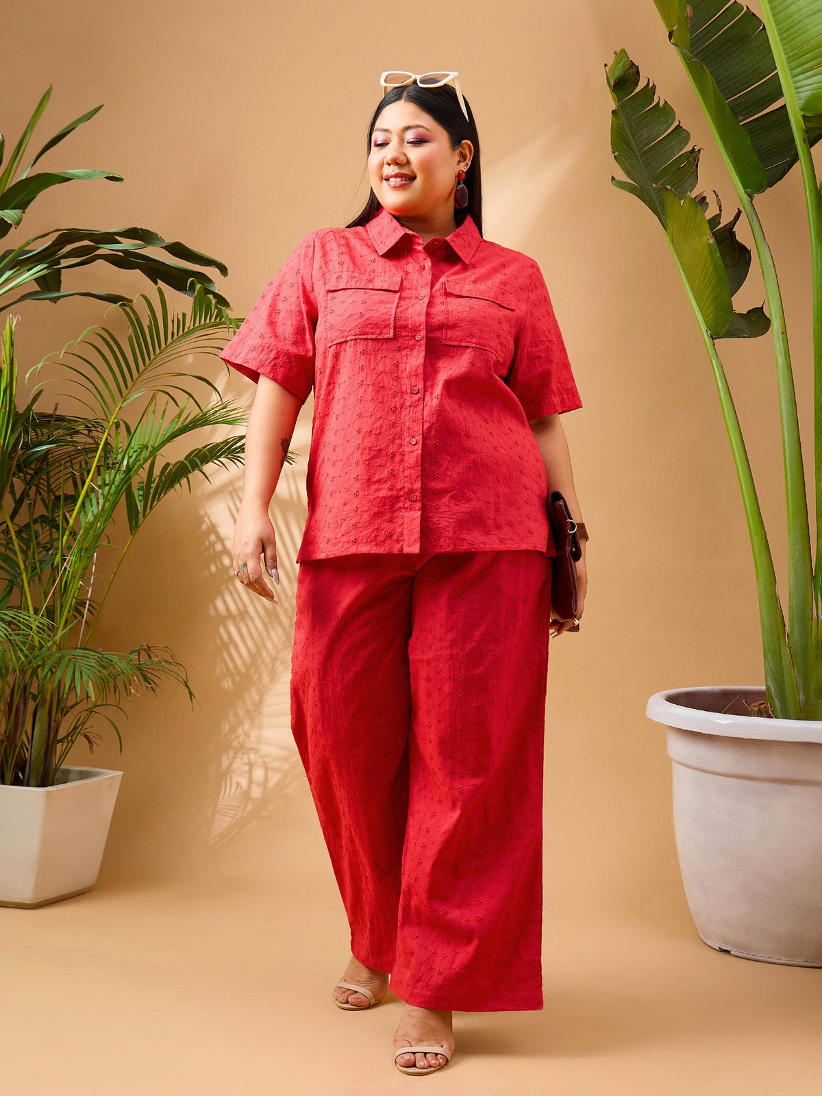 Red Schiffli Front Button Shirt With Pants-SASSAFRAS Curve