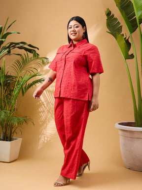 Red Schiffli Front Button Shirt With Pants-SASSAFRAS Curve