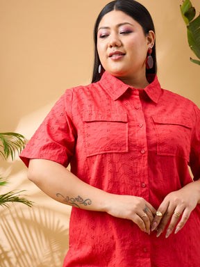 Red Schiffli Front Button Shirt With Pants-SASSAFRAS Curve