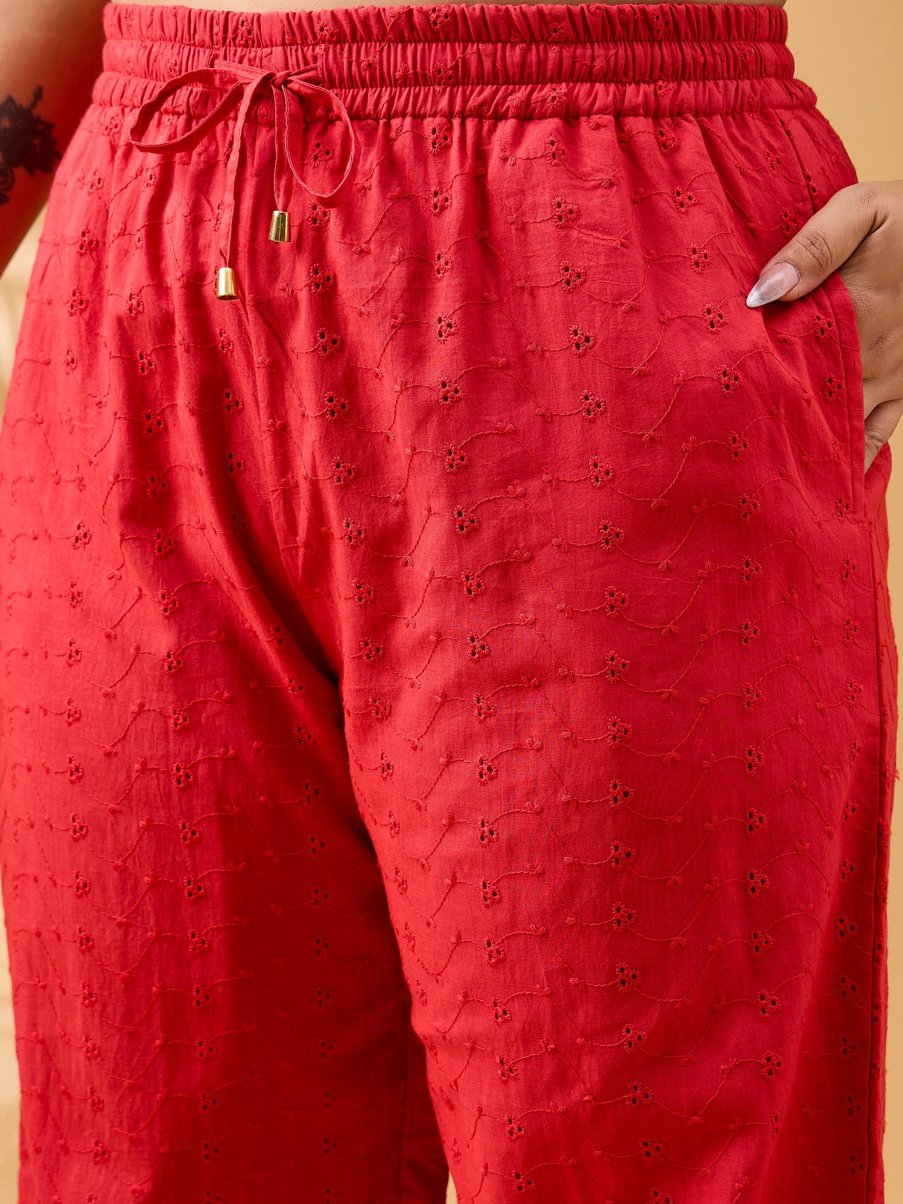 Red Schiffli Front Button Shirt With Pants-SASSAFRAS Curve