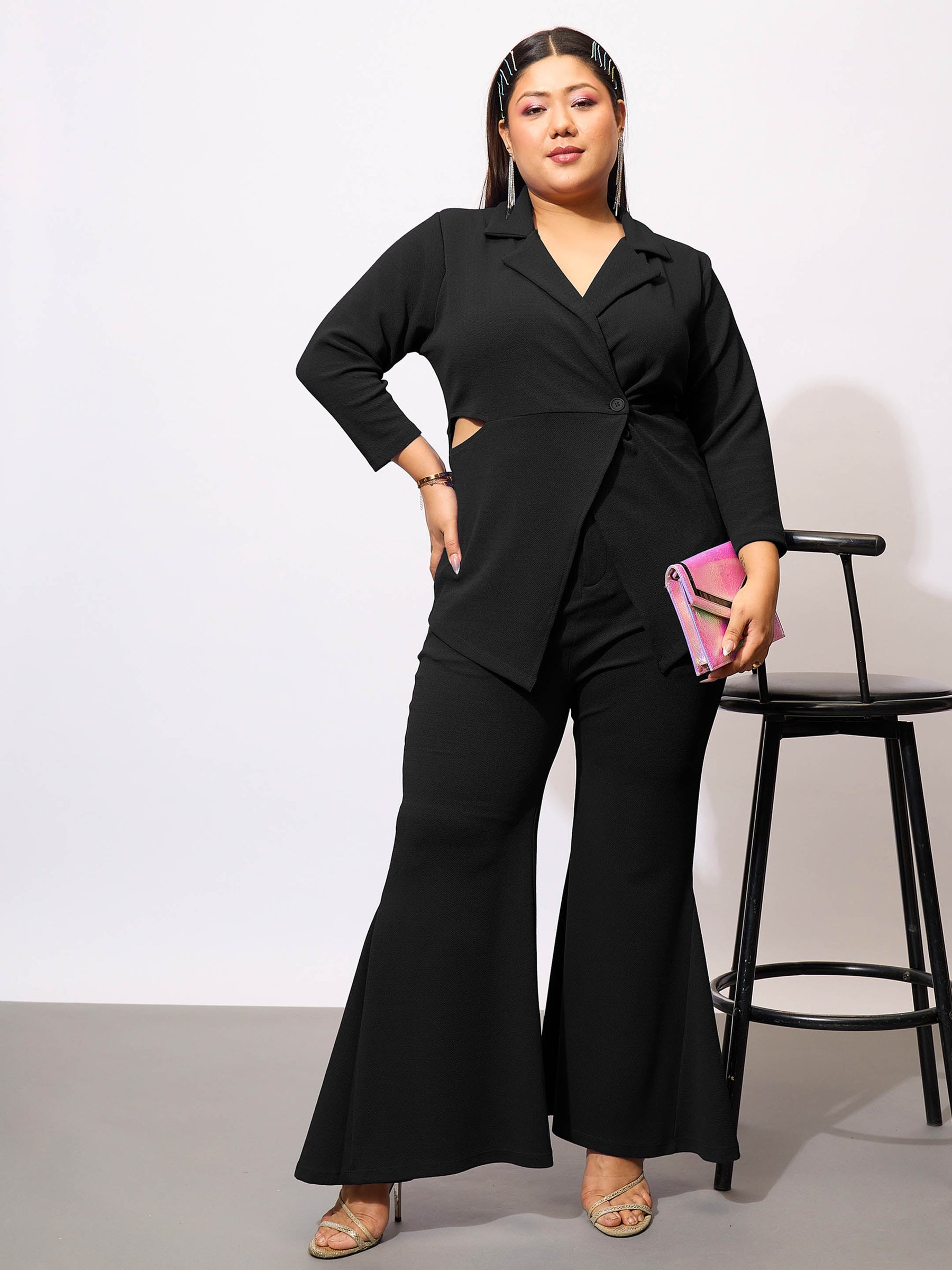 Black Side Cut Out Blazer With Kick Pleat Pants-SASSAFRAS Curve