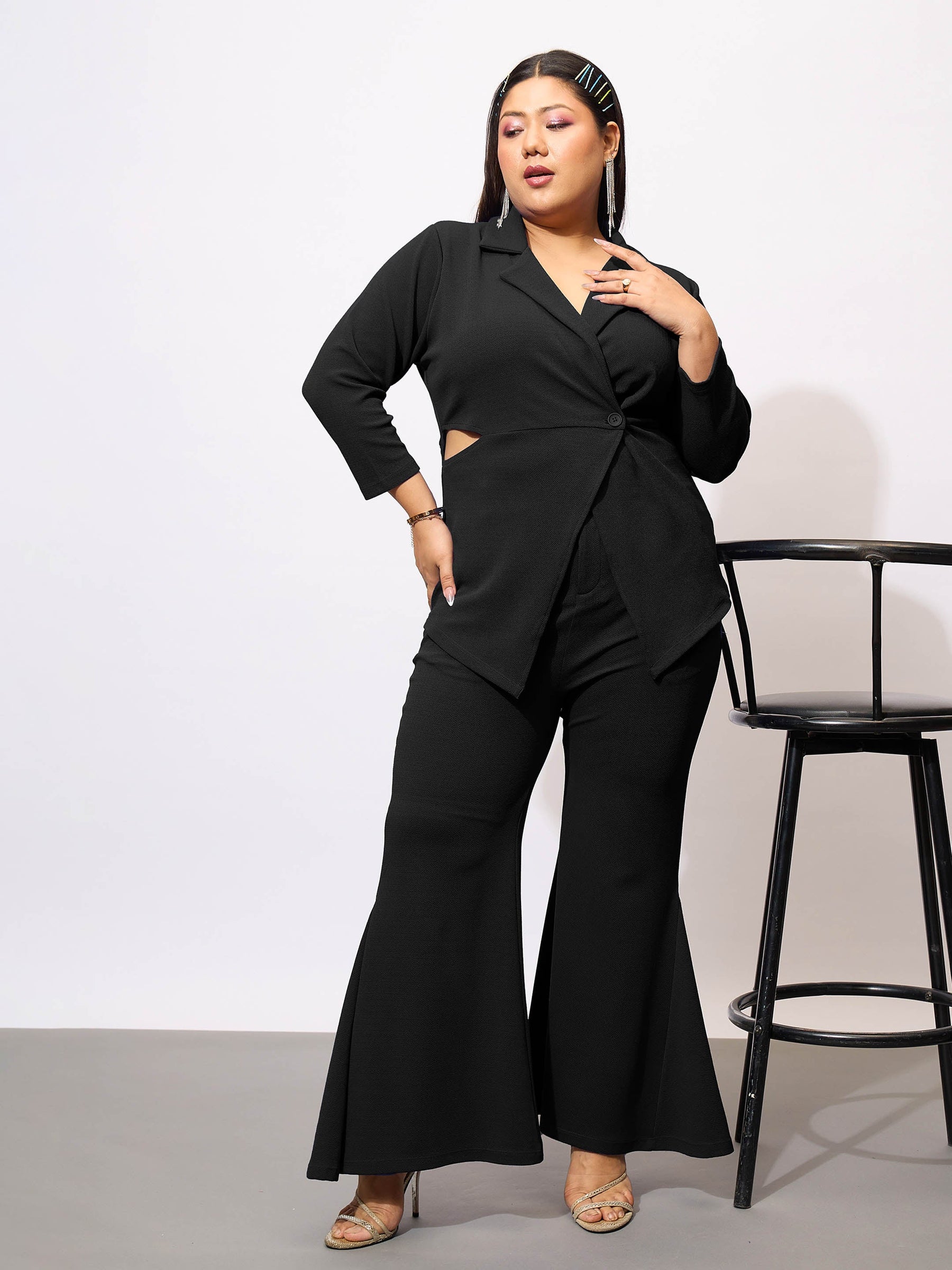 Black Side Cut Out Blazer With Kick Pleat Pants-SASSAFRAS Curve