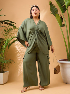 Olive Solid Front Knot Top With Cargo Pants-SASSAFRAS Curve