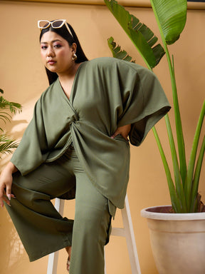 Olive Solid Front Knot Top With Cargo Pants-SASSAFRAS Curve