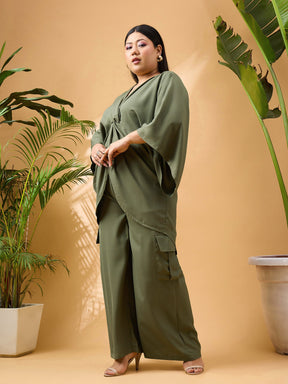 Olive Solid Front Knot Top With Cargo Pants-SASSAFRAS Curve