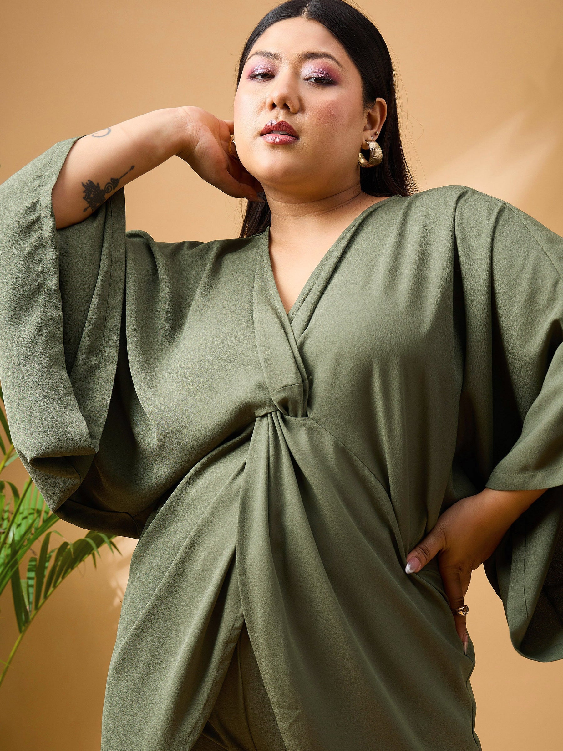 Olive Solid Front Knot Top With Cargo Pants-SASSAFRAS Curve