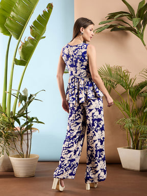 Royal Blue Floral Tiered Top With Palazzo Pants-SASSAFRAS