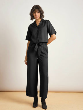 Black Notch Collar Shirt With Paperback Waist Pants-SASSAFRAS