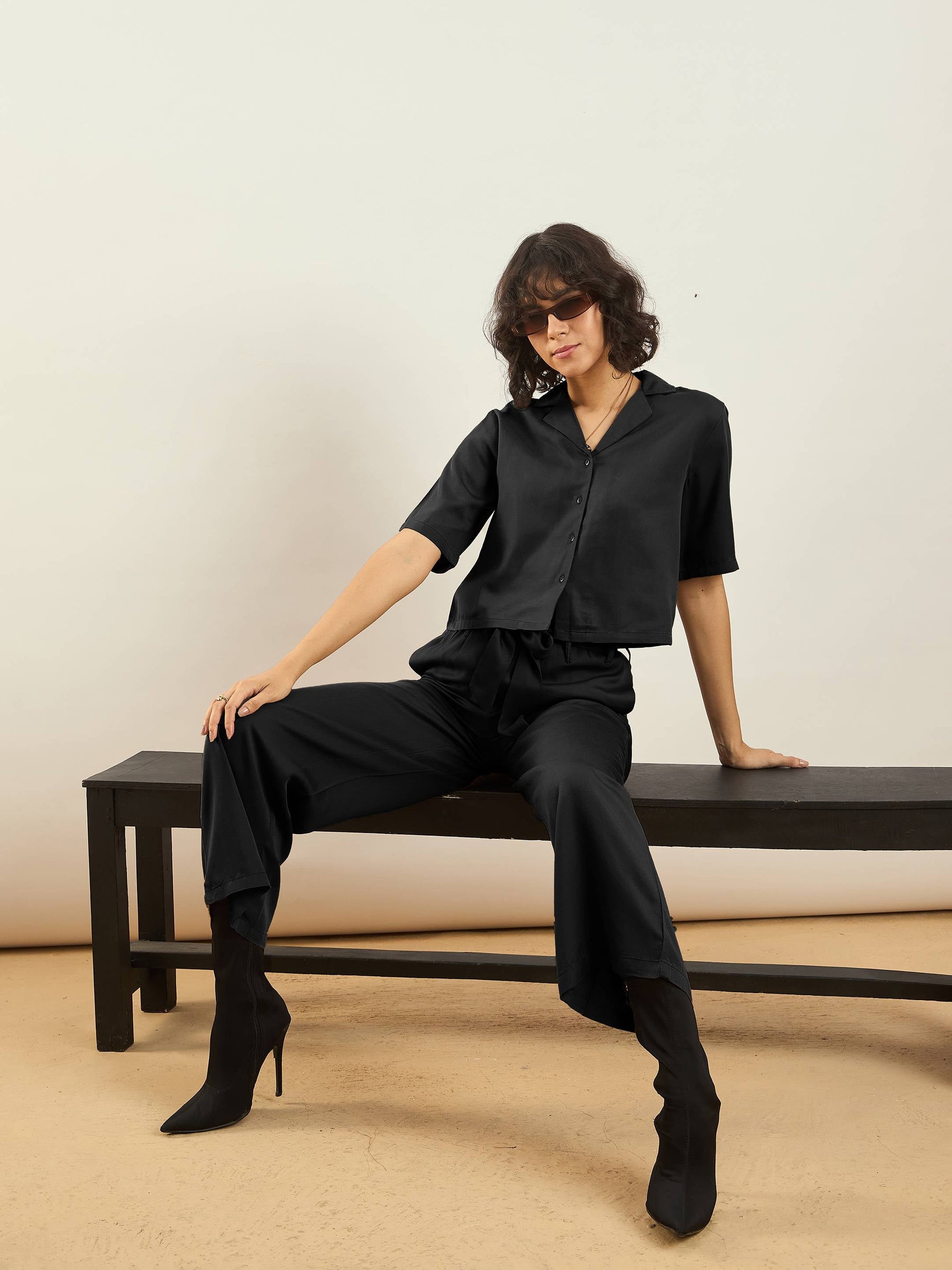 Black Notch Collar Shirt With Paperback Waist Pants-SASSAFRAS