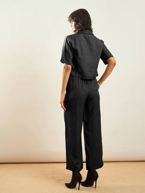 Black Notch Collar Shirt With Paperback Waist Pants-SASSAFRAS