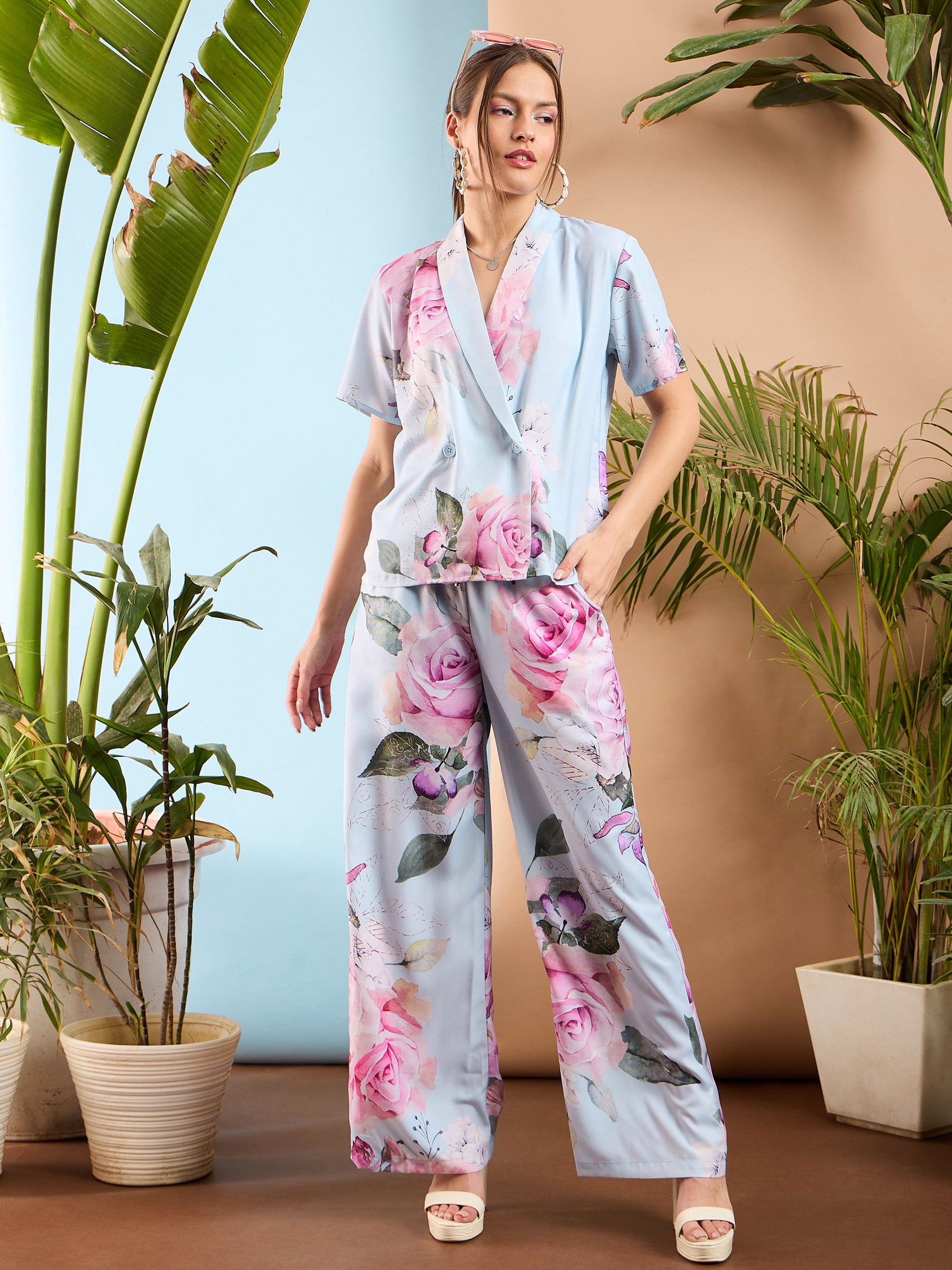 Light Blue Floral Shawl Collar Top With Pants-SASSAFRAS