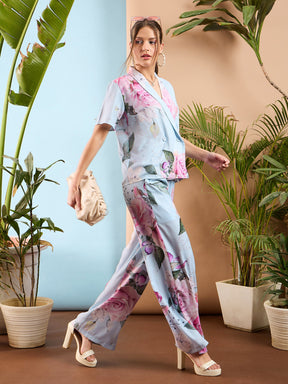 Light Blue Floral Shawl Collar Top With Pants-SASSAFRAS