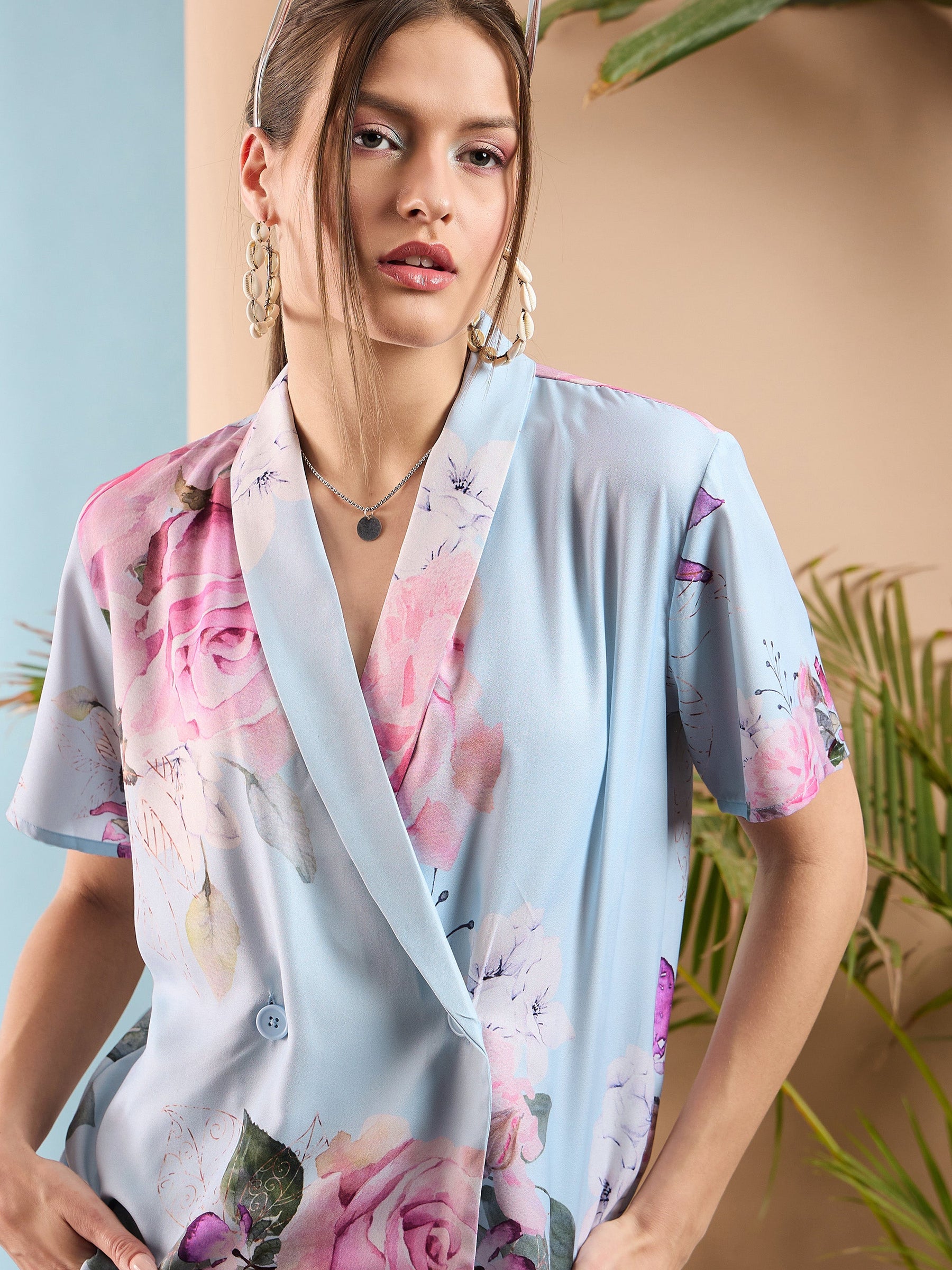 Light Blue Floral Shawl Collar Top With Pants-SASSAFRAS