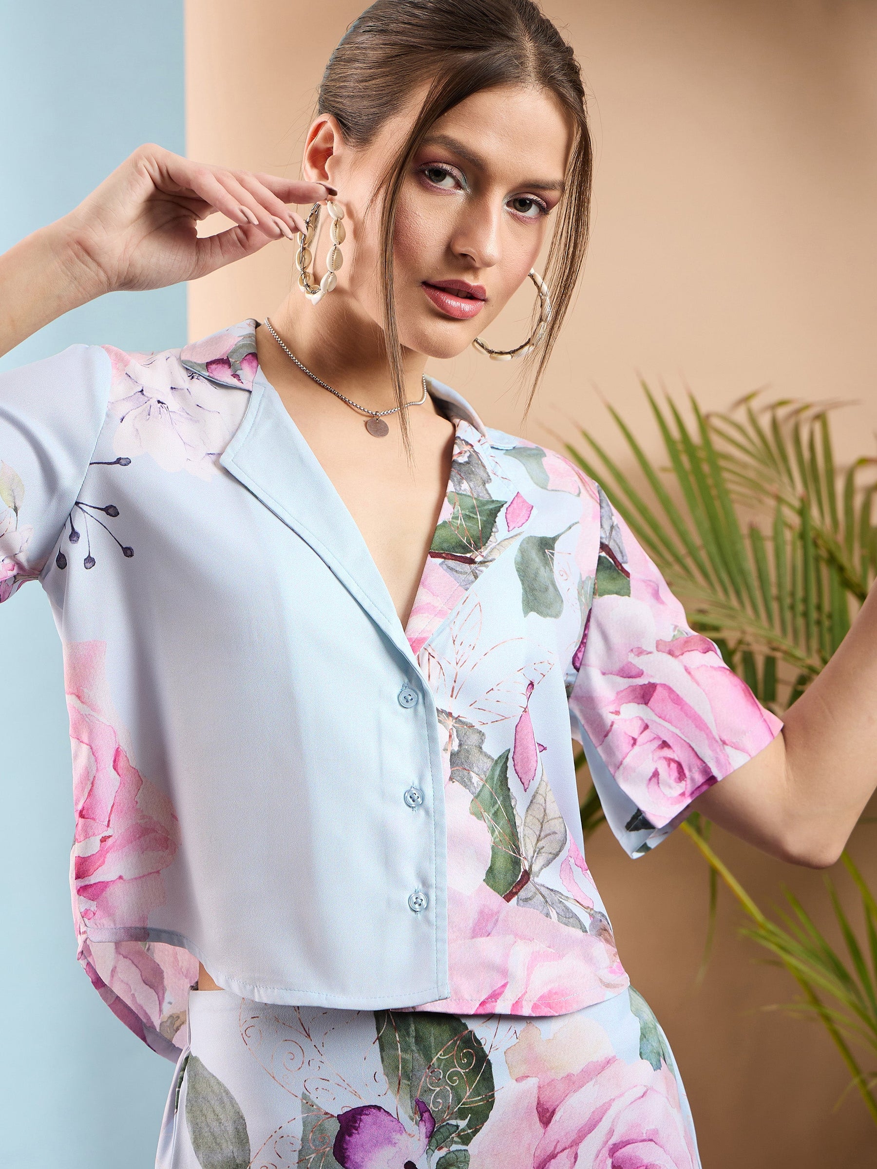 Light Blue Floral Crop Shirt With Mini Skirt-SASSAFRAS