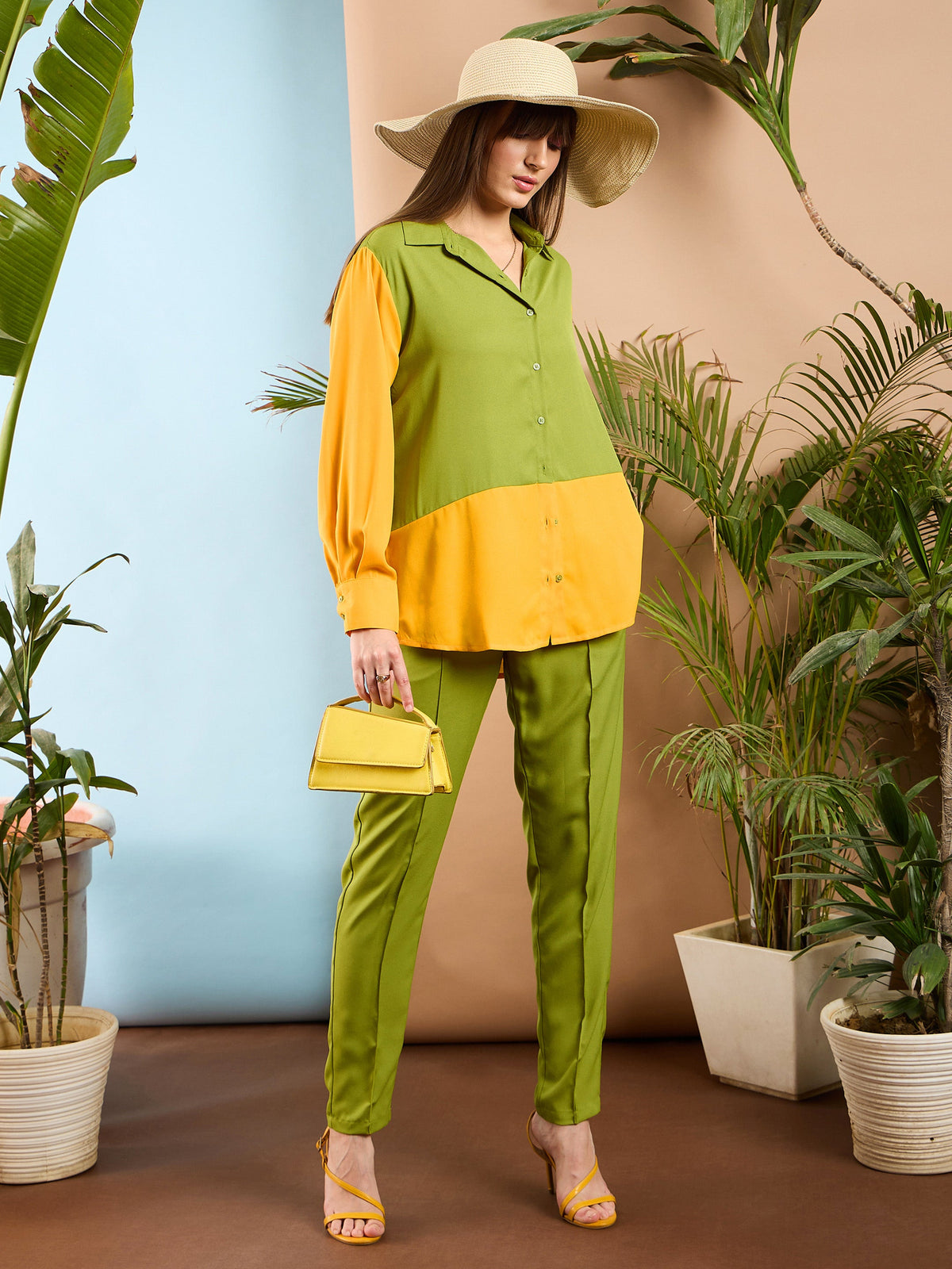 Olive & Yellow ColorBlock Shirt With Darted Pants -SASSAFRAS