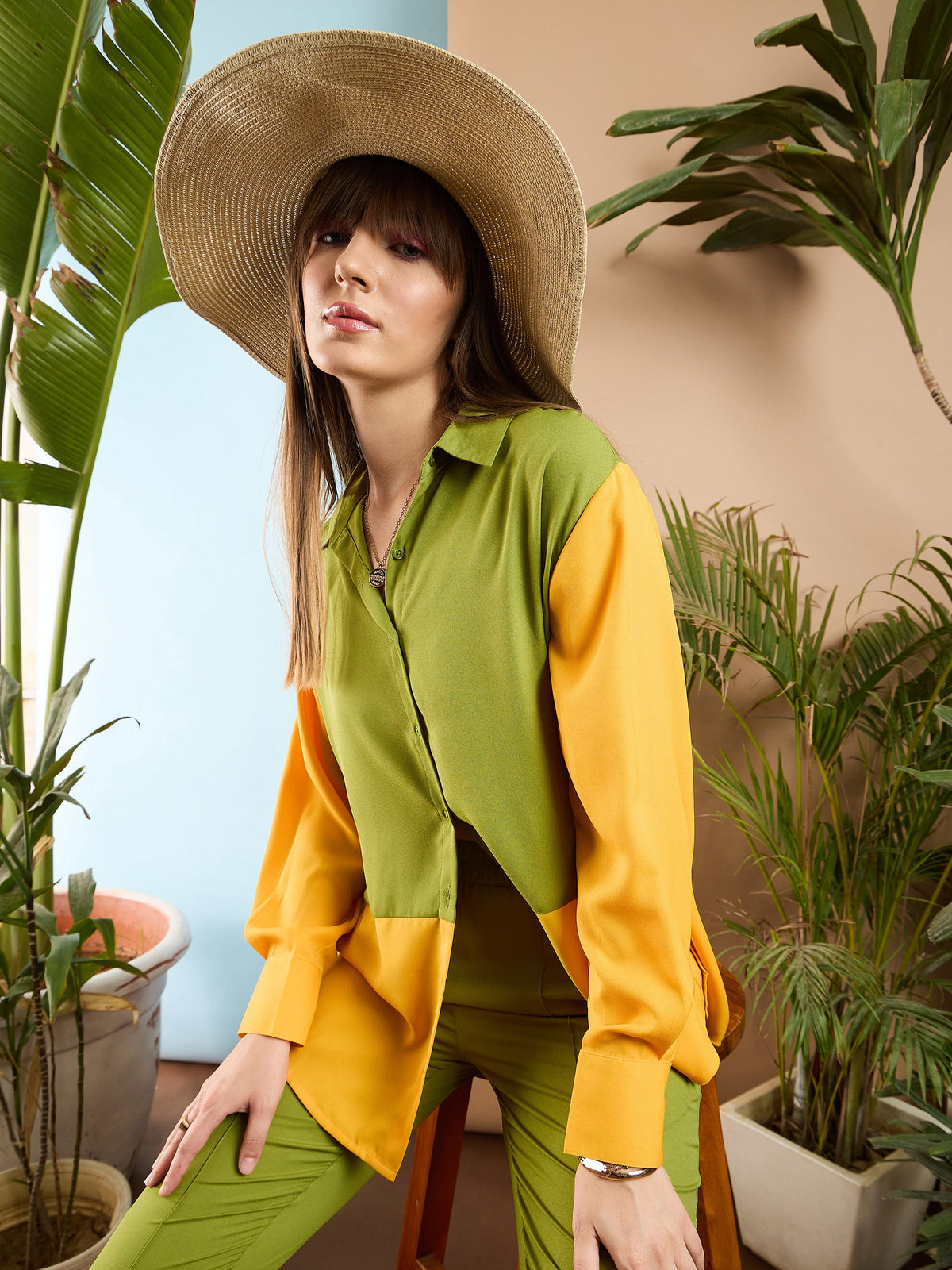 Olive & Yellow ColorBlock Shirt With Darted Pants -SASSAFRAS