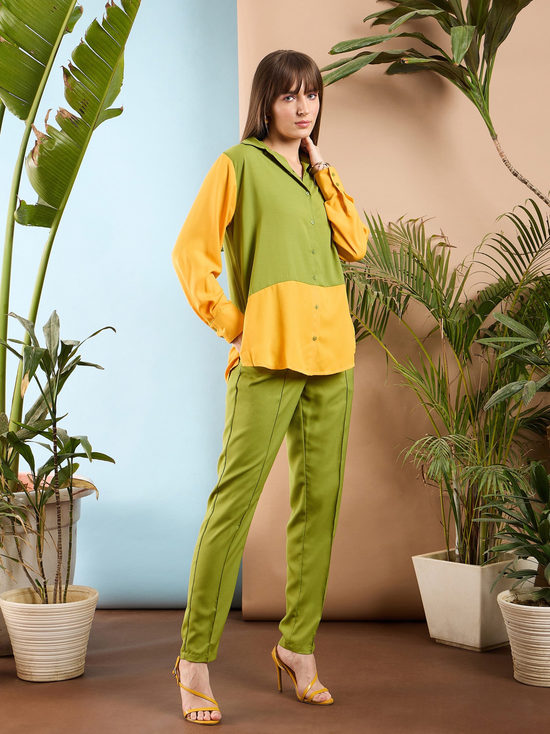 Olive & Yellow ColorBlock Shirt With Darted Pants -SASSAFRAS