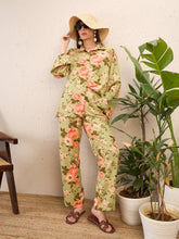 Olive Floral Bell Sleeves Shirt With Straight Pants-SASSAFRAS