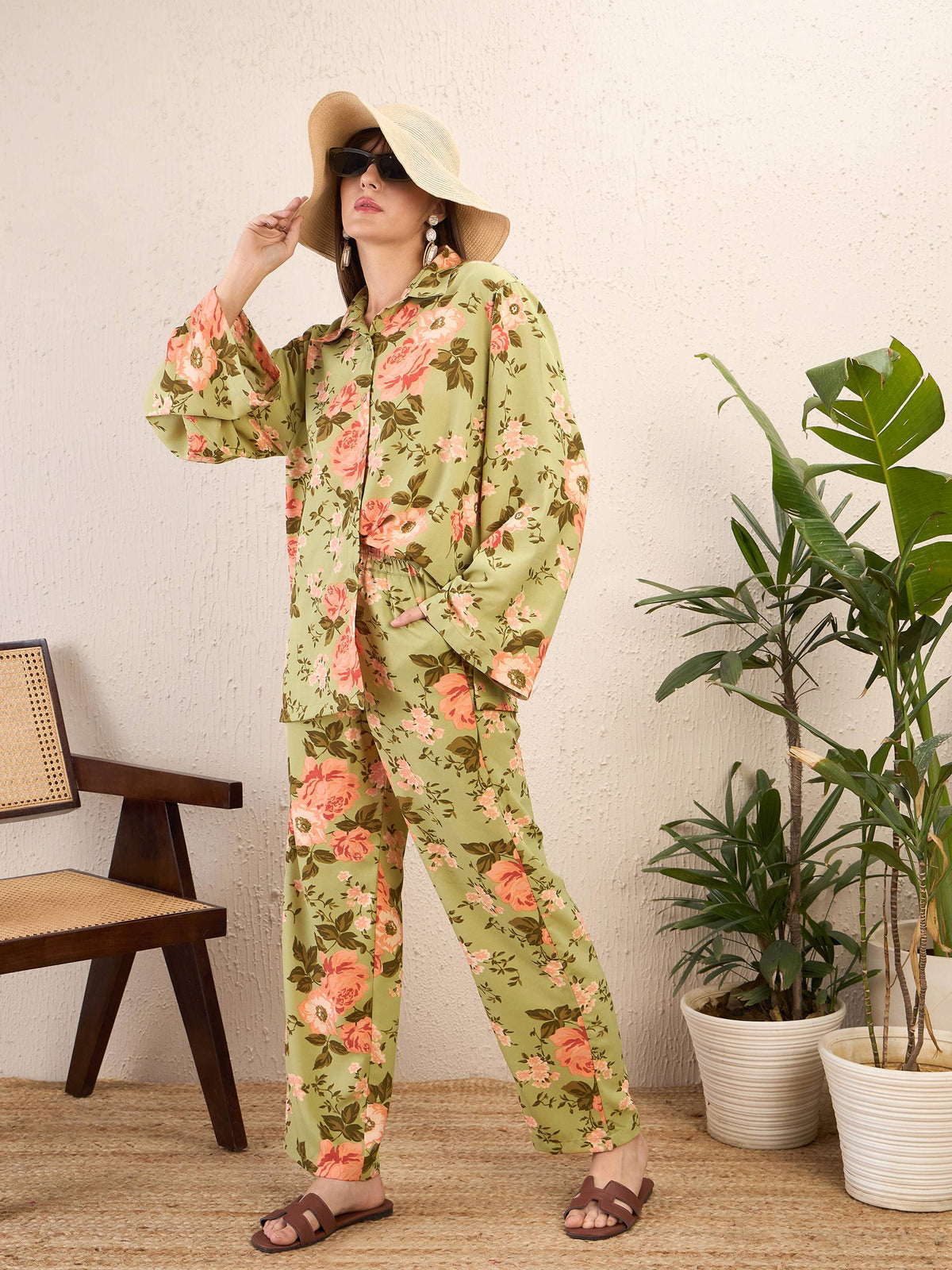 Olive Floral Bell Sleeves Shirt With Straight Pants-SASSAFRAS