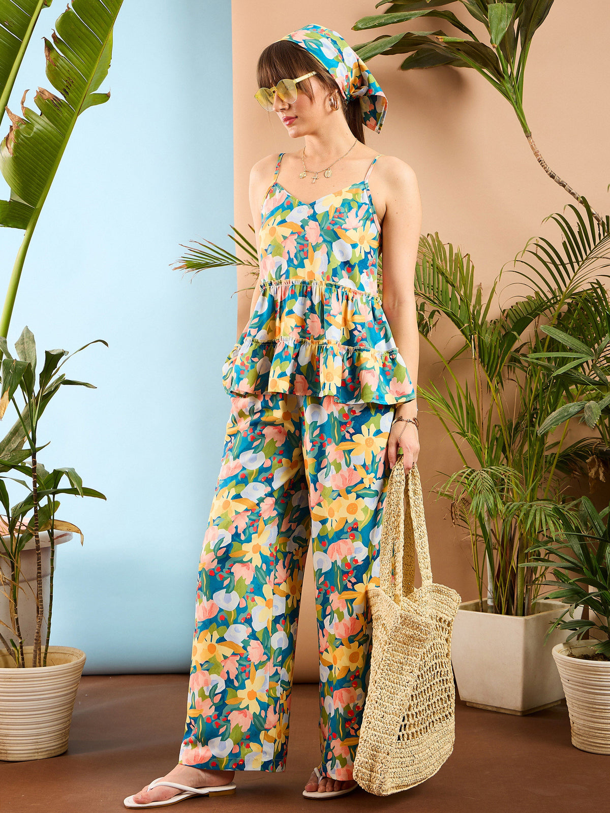 Sea Green Floral Strappy Top With Palazzo Pants-SASSAFRAS