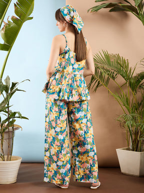 Sea Green Floral Strappy Top With Palazzo Pants-SASSAFRAS