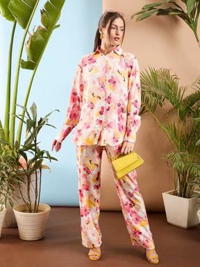 Pink Floral Oversize Shirt With Straight Pants-SASSAFRAS