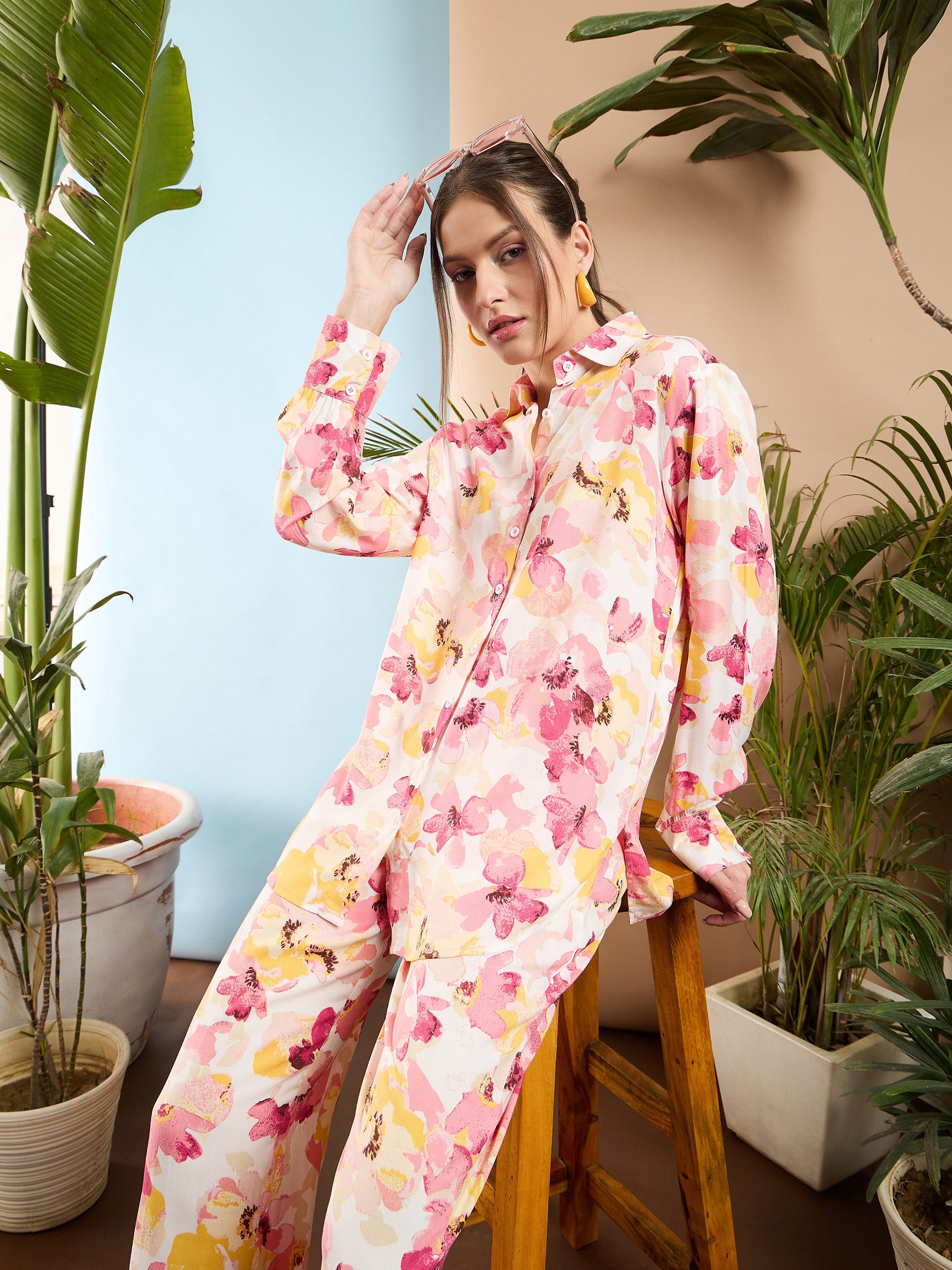 Pink Floral Oversize Shirt With Straight Pants-SASSAFRAS