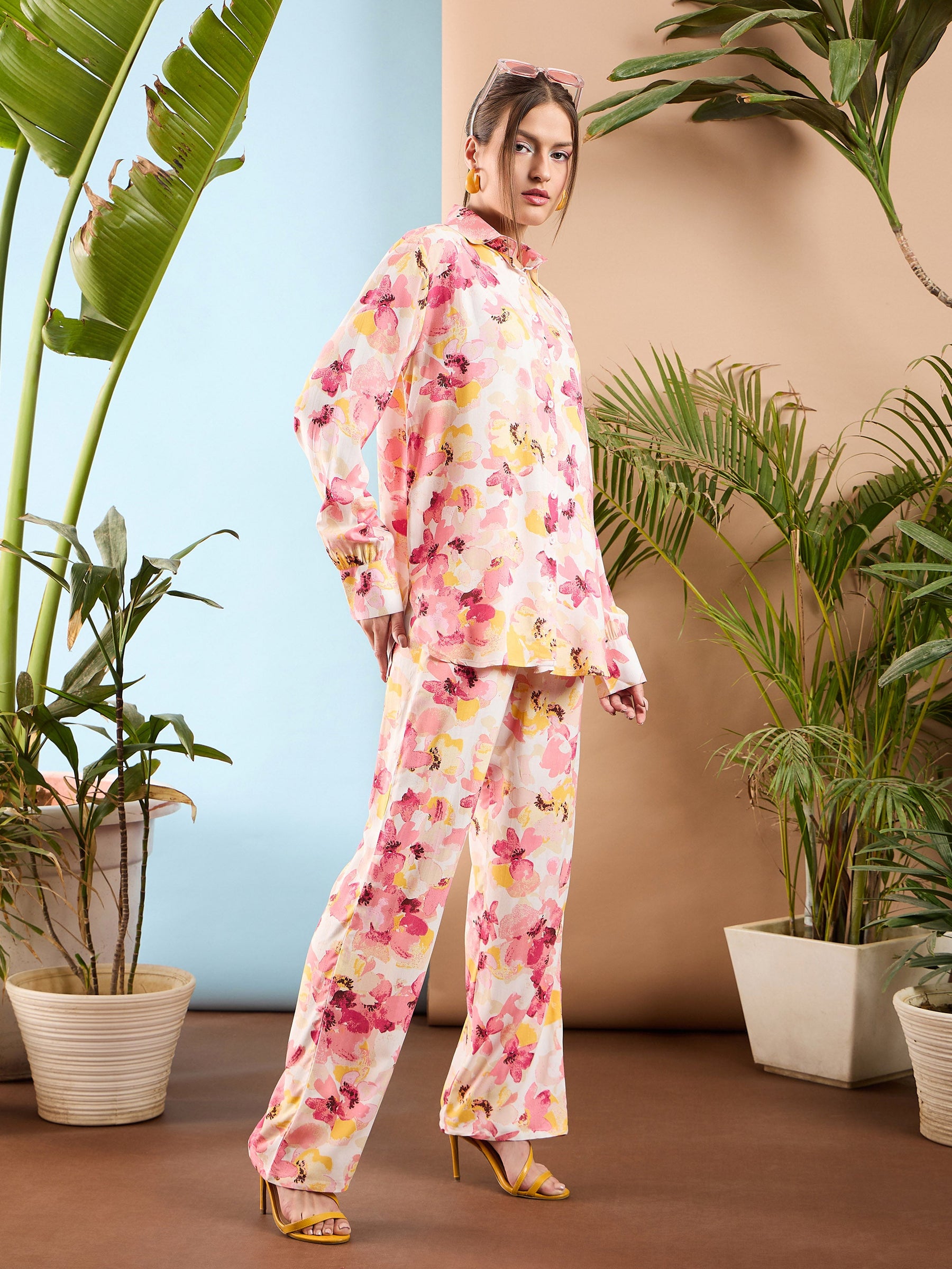 Pink Floral Oversize Shirt With Straight Pants-SASSAFRAS