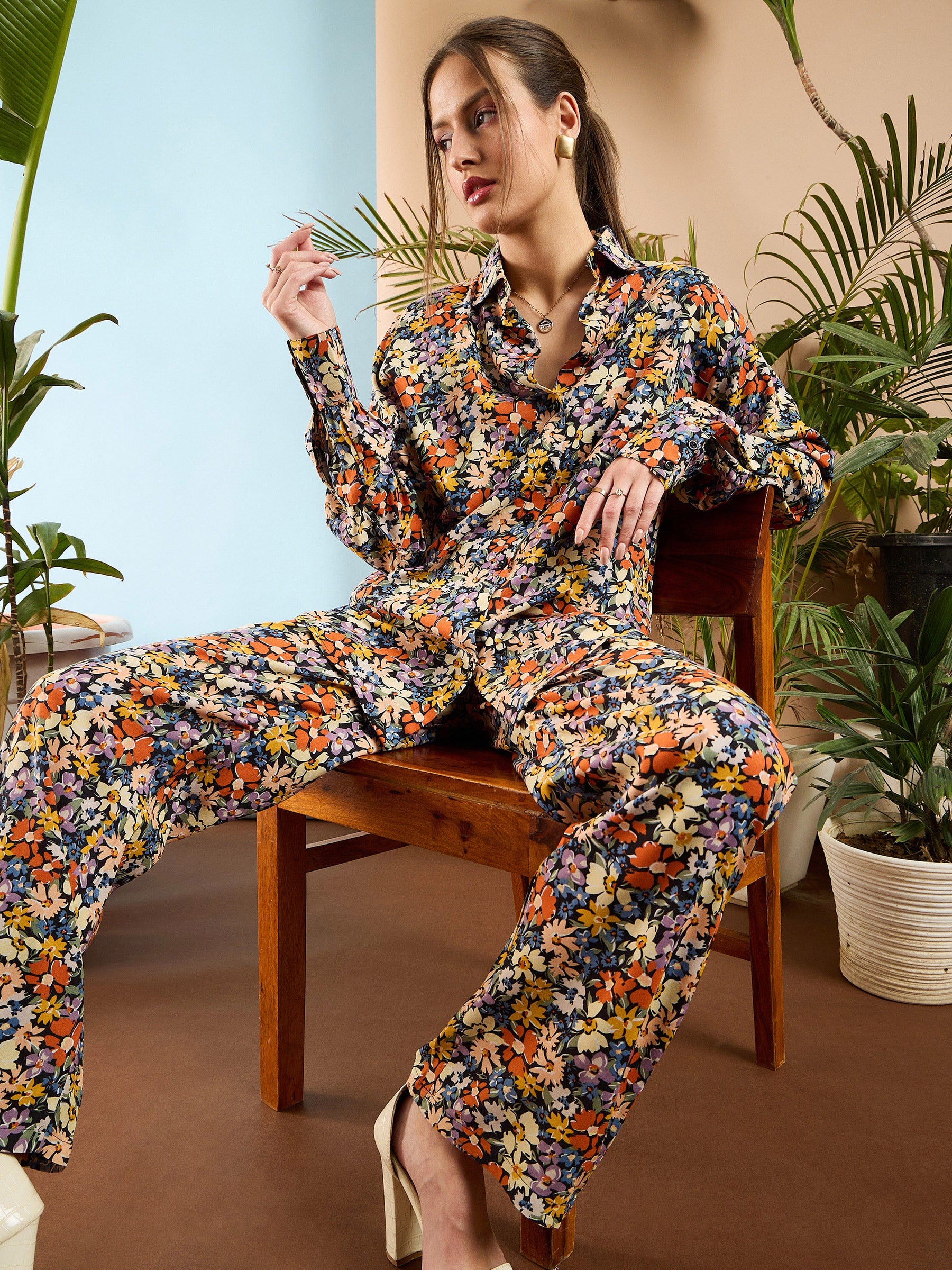 Multi Floral Oversize Shirt With Straight Pants-SASSAFRAS