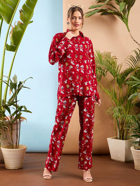 Red Floral Oversize Shirt With Straight Pants-SASSAFRAS