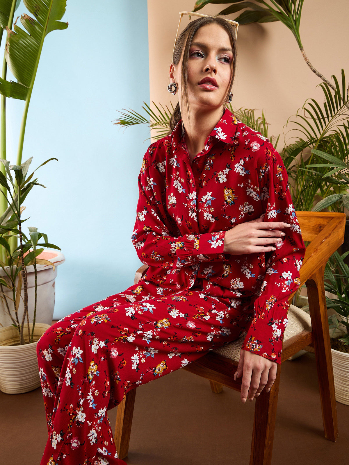 Red Floral Oversize Shirt With Straight Pants-SASSAFRAS
