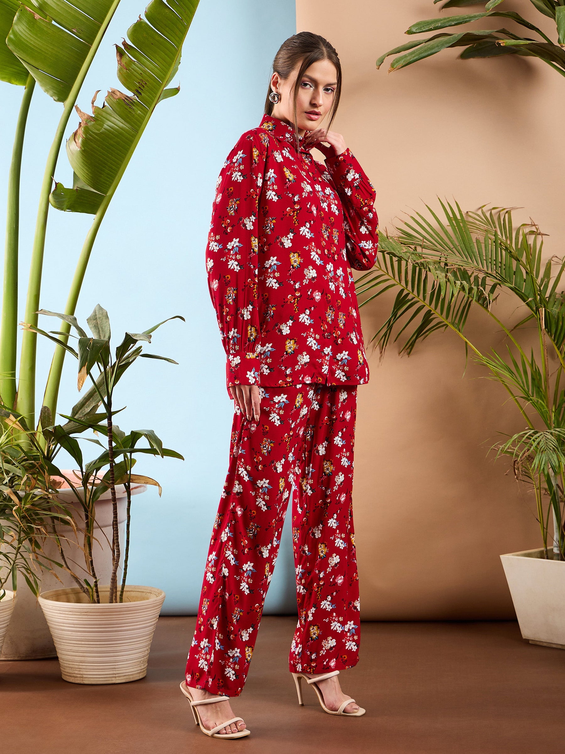 Red Floral Oversize Shirt With Straight Pants-SASSAFRAS