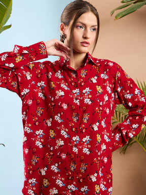 Red Floral Oversize Shirt With Straight Pants-SASSAFRAS