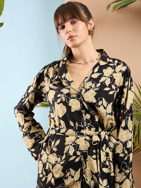 Beige Floral Notch Collar Shirt With Flared Pants-SASSAFRAS