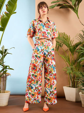 Orange Floral Crop Shirt With Pants-SASSAFRAS