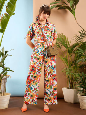 Orange Floral Crop Shirt With Pants-SASSAFRAS