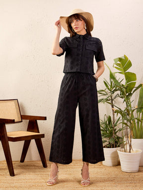 Black Schiffli Crop Shirt With Wide Leg Pants-SASSAFRAS