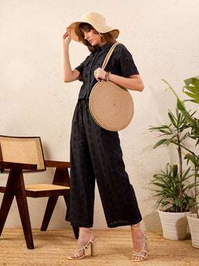 Black Schiffli Crop Shirt With Wide Leg Pants-SASSAFRAS