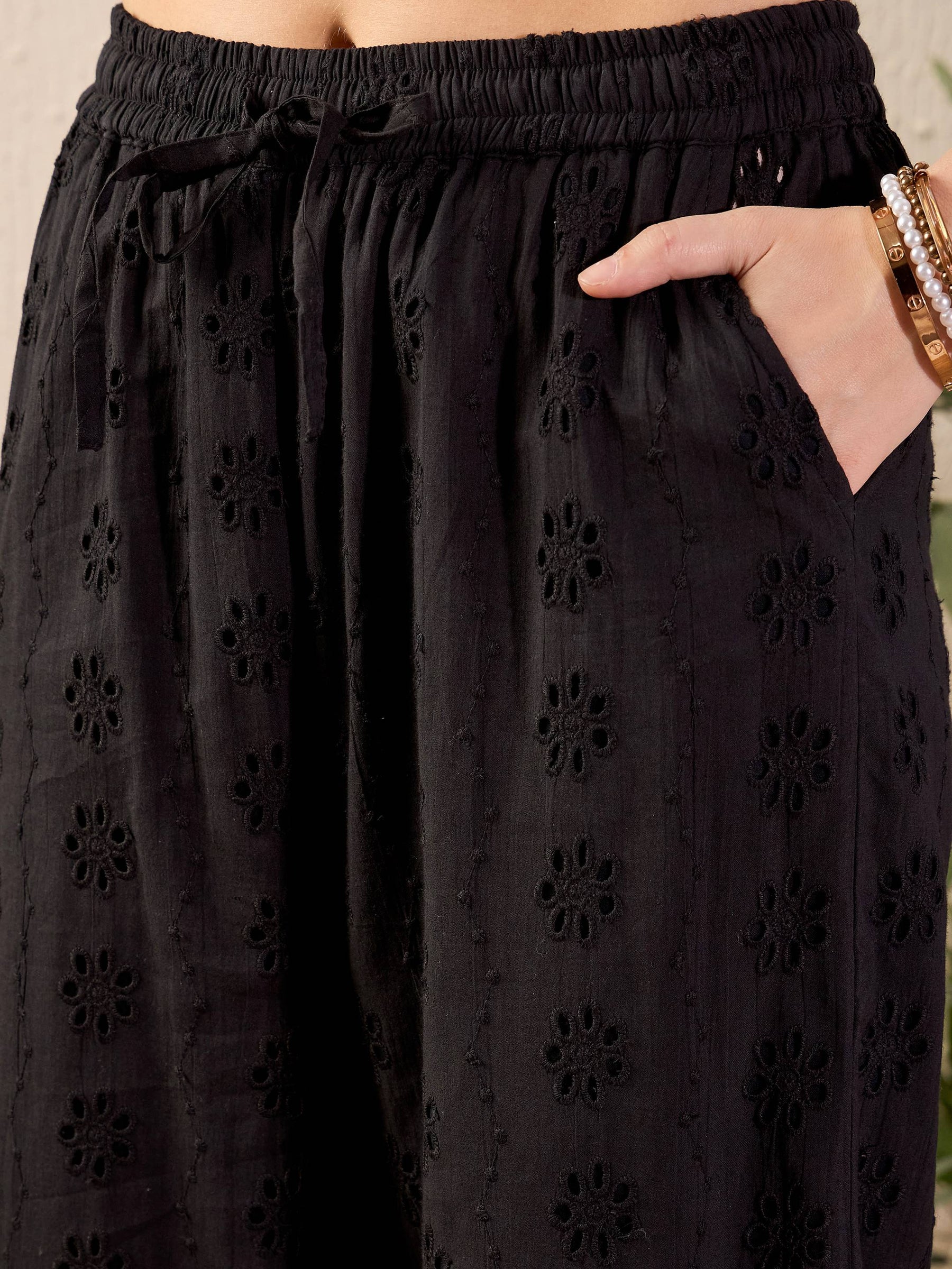 Black Schiffli Crop Shirt With Wide Leg Pants-SASSAFRAS