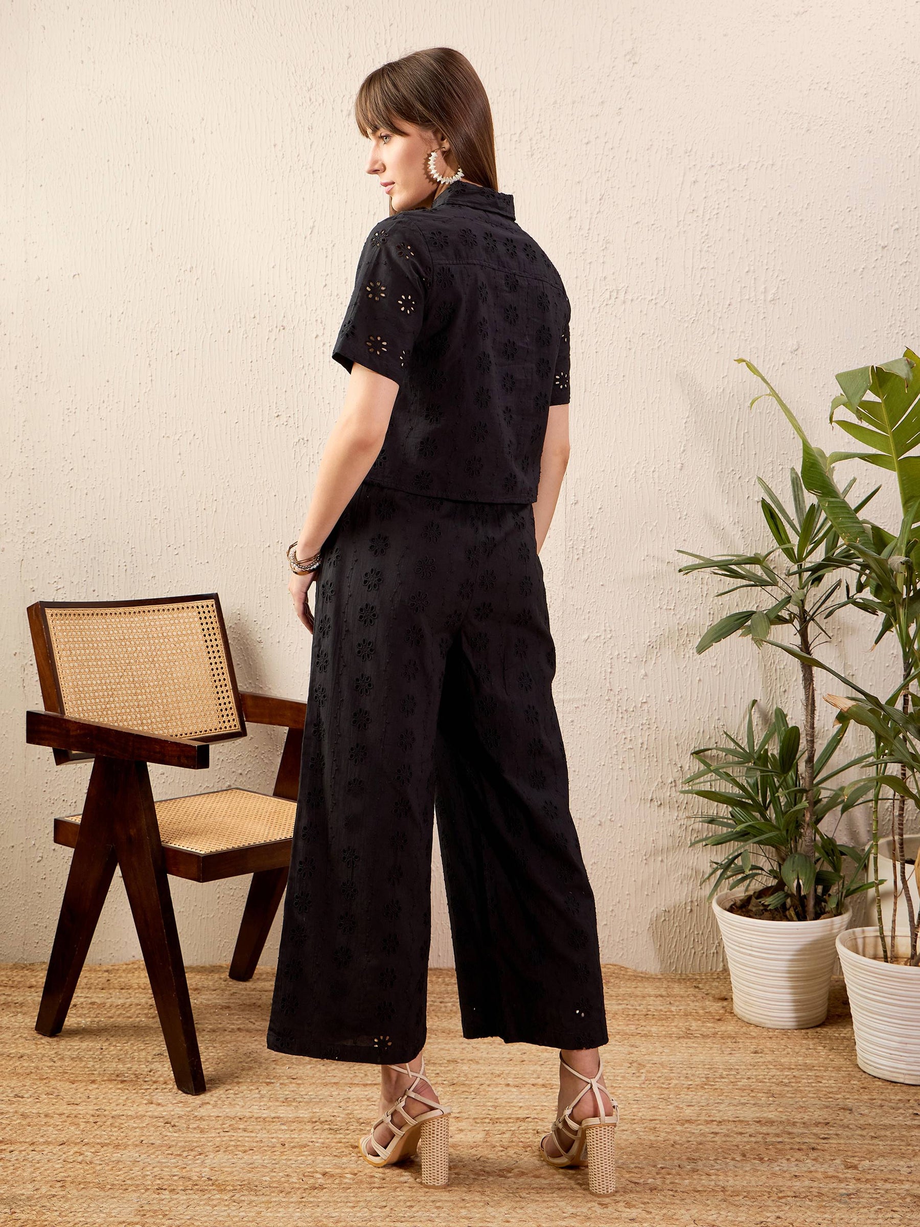 Black Schiffli Crop Shirt With Wide Leg Pants-SASSAFRAS