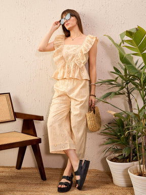 Beige Schiffli Peplum Top With Palazzos-SASSAFRAS