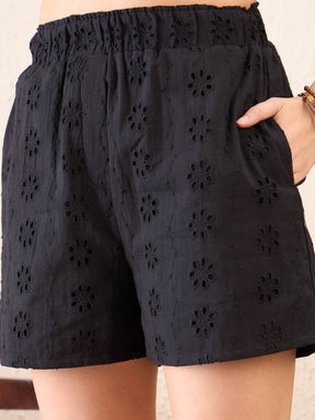 Black Schiffli Shirt With Paperwaist Shorts-SASSAFRAS