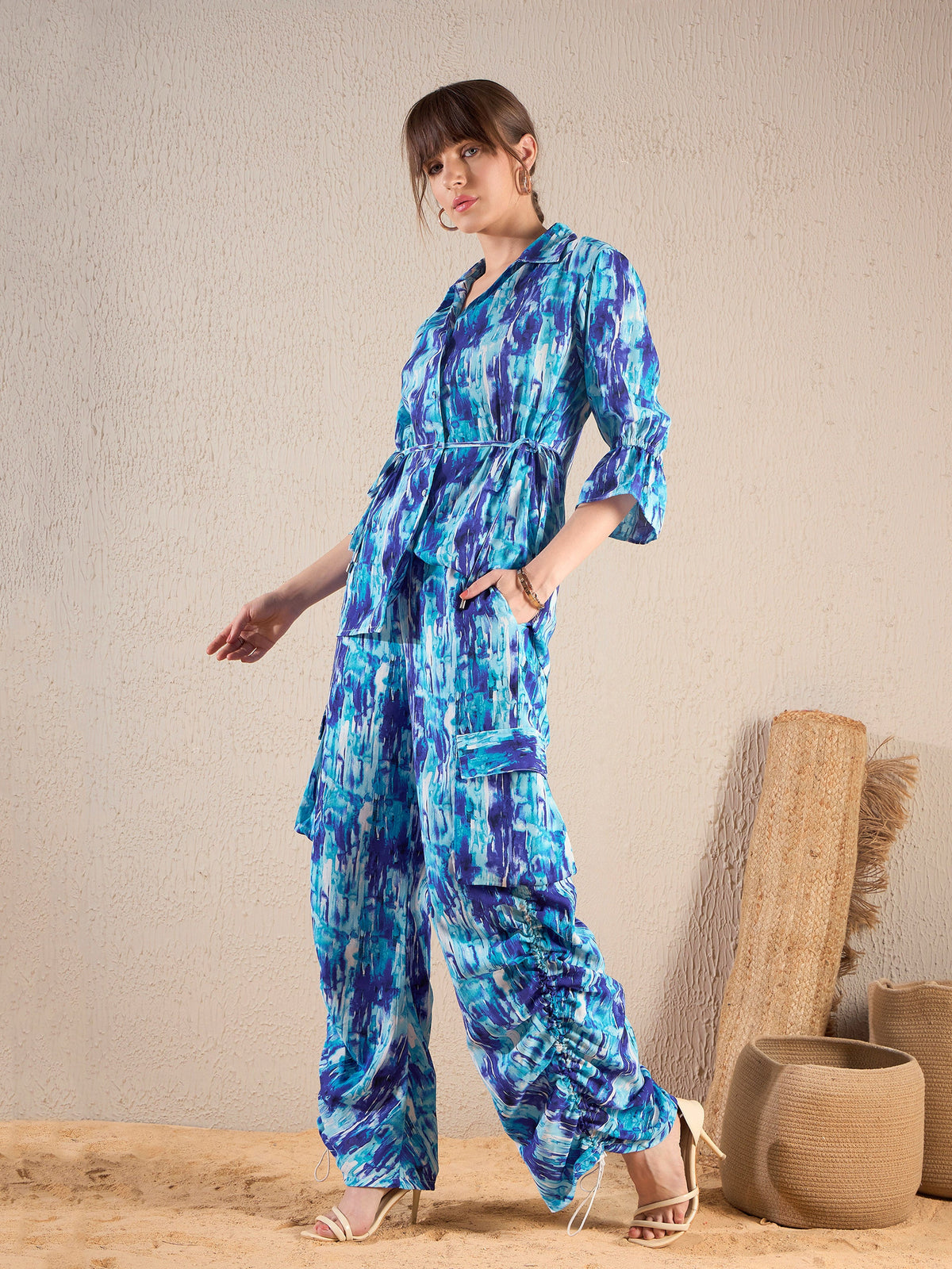 Blue Brushstroke Tie Shirt With Ruched Cargo Pants-SASSAFRAS