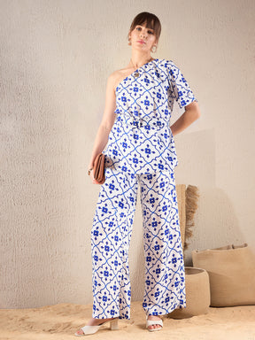 Women Navy Ethnic Print One Shoulder Top With Pants