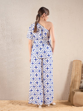 Women Navy Ethnic Print One Shoulder Top With Pants