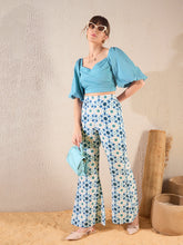 Teal Blue Geometric Puff Sleeves Crop Top With Pants-SASSAFRAS